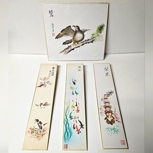Vintage Lot of 4 Japanese Shunkkei-Nuri frames with paintings on tanzaku paper